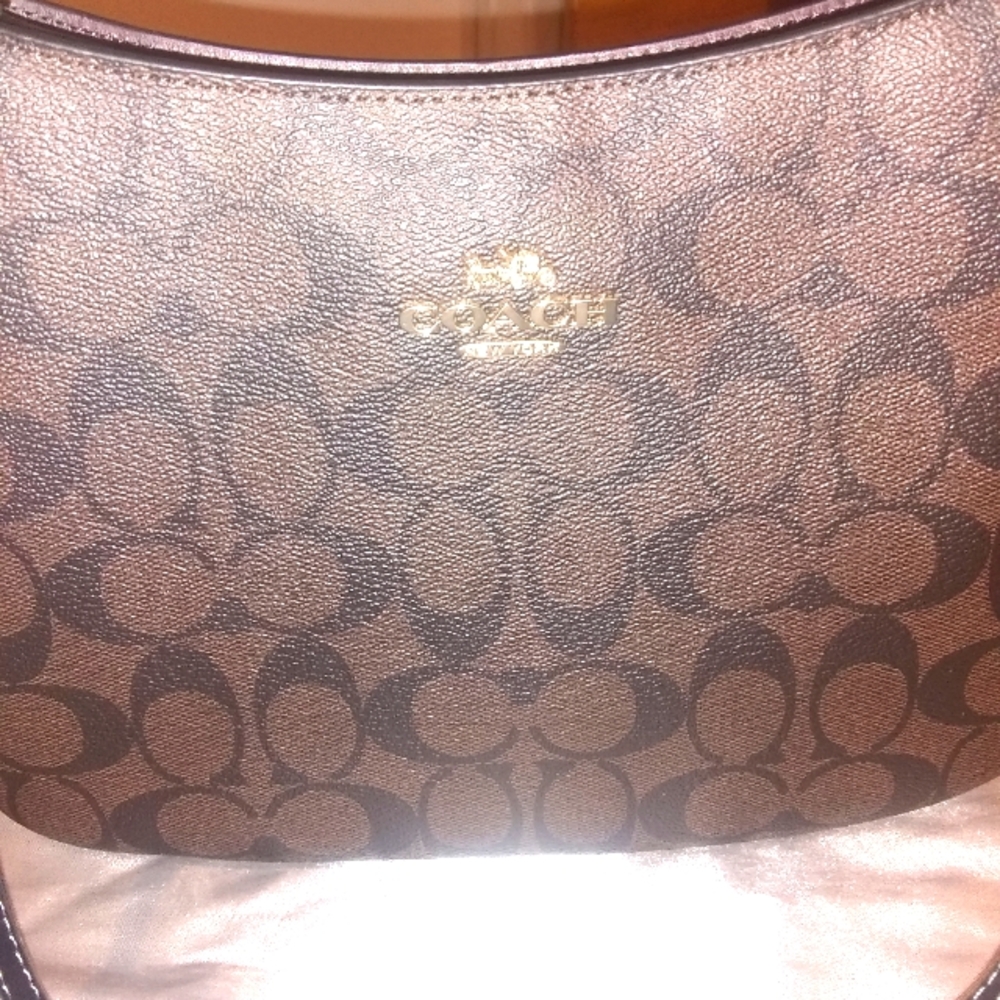Coach Brown Signature Canvas Shoulder Bag with Gold Logo